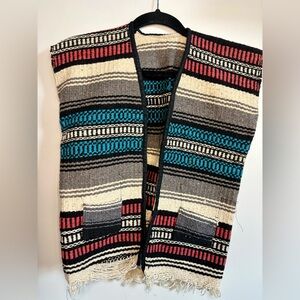Vintage Mexican Baja Woven Vest Serape Boho Southwestern Fringe Pockets XS